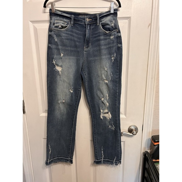 Judy Blue Denim - Judy Blue 7/28 Straight Fit Dark Wash Distress‎ Raw Hem Blue Jeans Denim